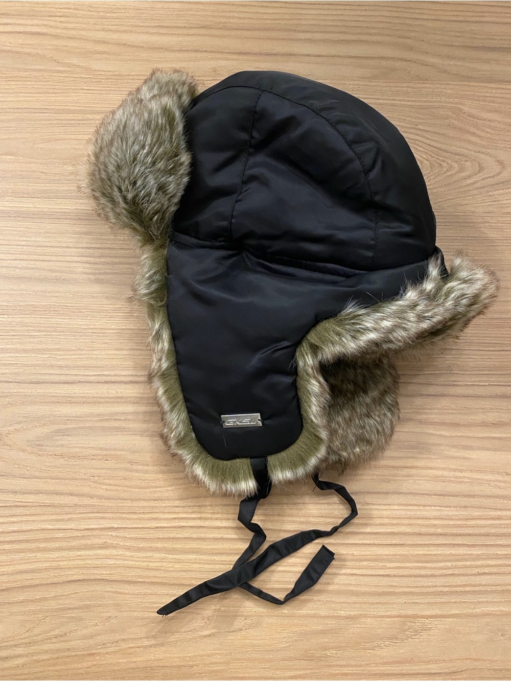 GK Black Trapper Hat with Brown Faux-Fur Trim